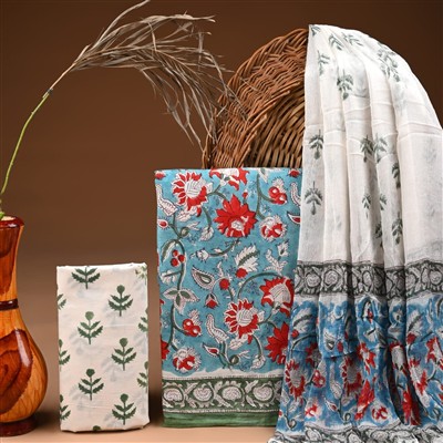 Turquoise Bloom Hand Block Cotton Suit Set