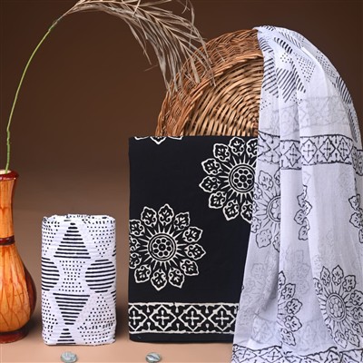 Jet Black Floral Cascade Cotton Suit with Chiffon Dupatta