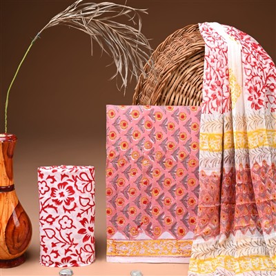 Soft Pink Floral Chiffon Cotton Suit Set