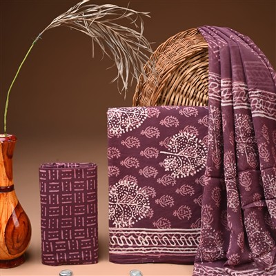 Plum Floral Hand Block Printed Cotton Suit Set