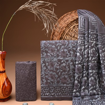 Mauve Floral Geometry Cotton Suit with Chiffon Dupatta