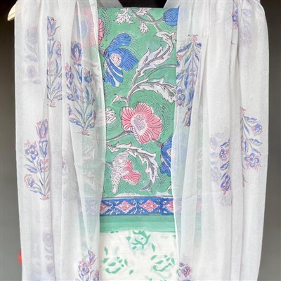 Teal Blossom Hand Block Printed Cotton Suit Set
