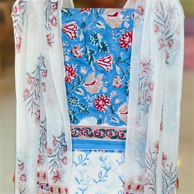 Sky Blue Floral Cascade Cotton Dress Material