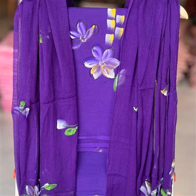 Royal Purple Floral Chiffon Cotton Suit Set