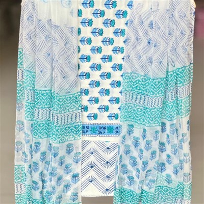 Turquoise Floral Fusion Cotton Suit Set