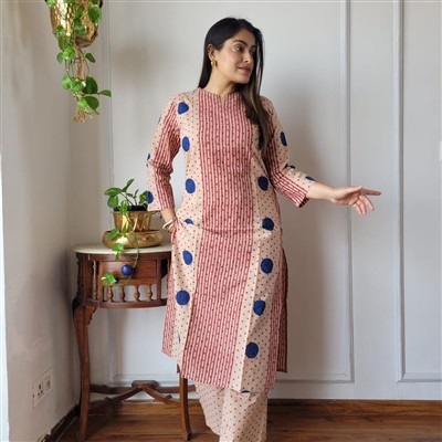 Navy Polka Stripe Cotton A-Line Kurti with Pant