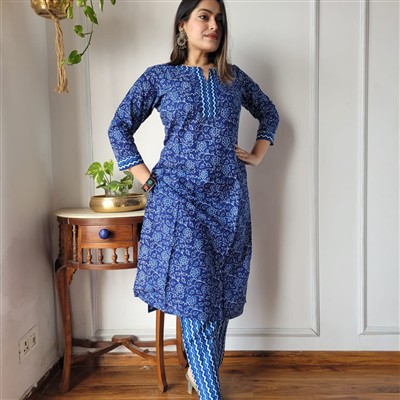 Indigo Geometric Charm Cotton A-Line Suit Set