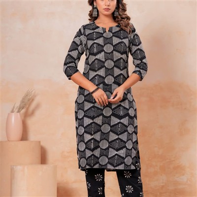 Onyx Geometric Weave Cotton A-Line Kurti with Pant