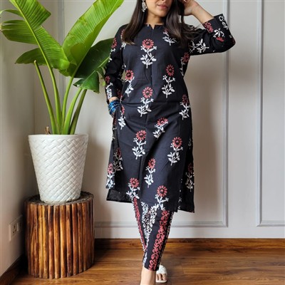 Indigo Floral Block Print Cotton Kurti with Pant