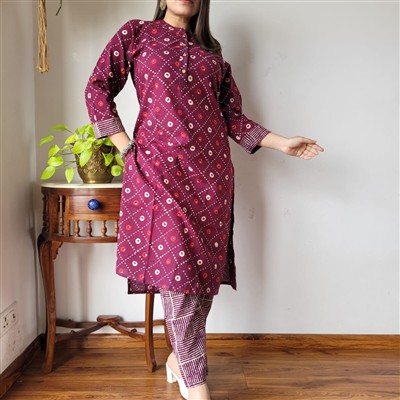 Burgundy Diamond Geometric Cotton Kurti Set