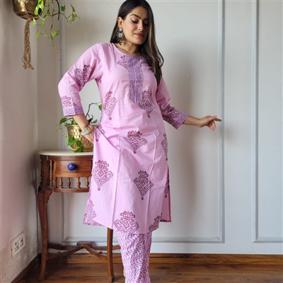 Pastel Pink Floral Wave Cotton A-Line Set