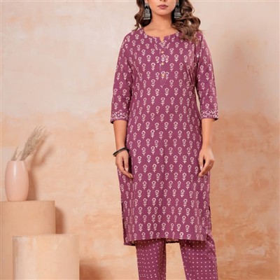 Plum Floral Dance Cotton Kurti with Polka Pants
