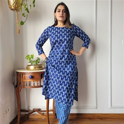 Indigo Paisley Charm Cotton A-Line Kurti with Pant