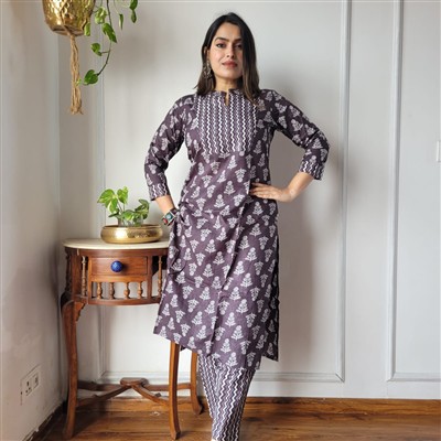 Indigo Floral Cascade Cotton A-Line Kurti with Pant