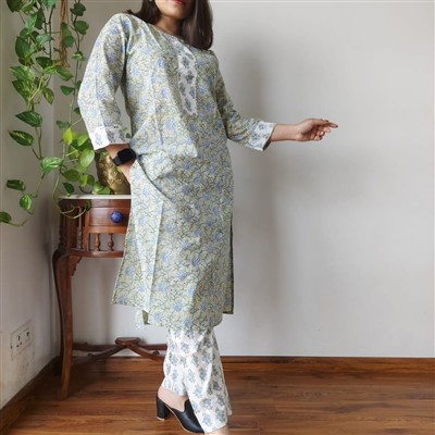 Pale Green Floral Breeze Cotton A-Line Kurti Set