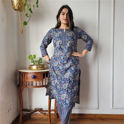 Crimson Floral Dream Cotton A-Line Kurti Set