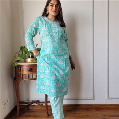 Aqua Floral Serenade Hand Block Printed Cotton A-Line Kurti with Pant