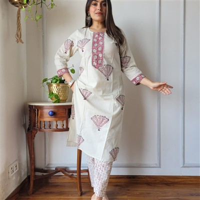 Emerald Sanganeri Print Cotton Kurti with Pant