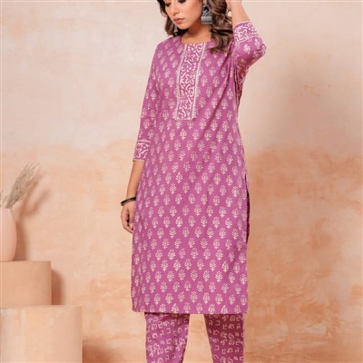 Mauve Floral Harmony Cotton Kurti with Pant