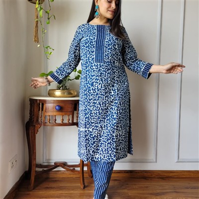 Navy Floral Cascade Cotton A-Line Kurti with Pant