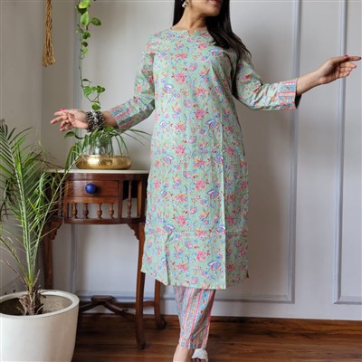 Mint Floral Harmony Cotton A-Line Kurti with Pant