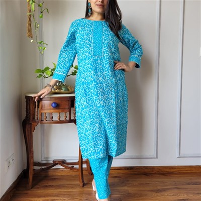 Aqua Geometric Harmony Cotton A-Line Kurti with Pant