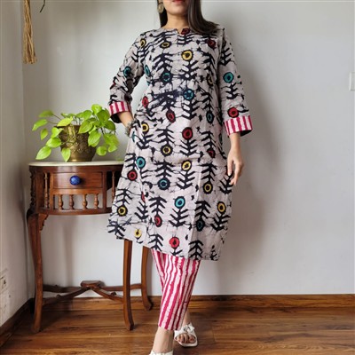 Crimson Floral Whirl Cotton Kurti with Striped Pant
