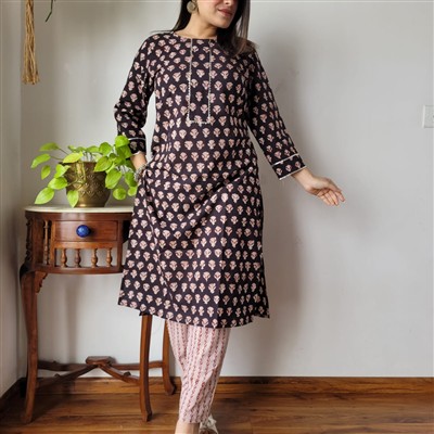 Midnight Blue Floral Symphony Cotton Kurti with Pants