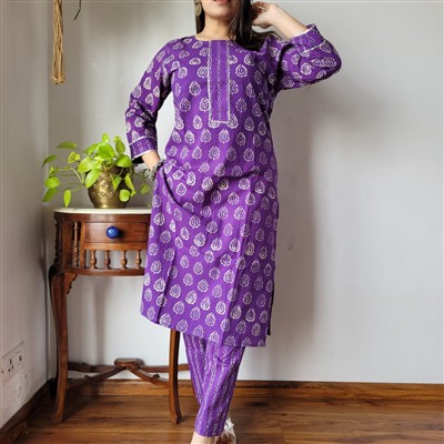 Violet Paisley Charm Cotton A-Line Kurti with Pant