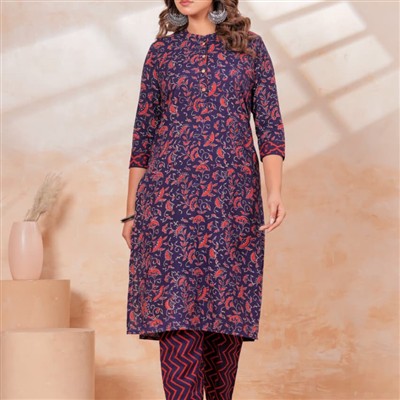 Indigo Floral Delight Cotton A-Line Kurti with Pant