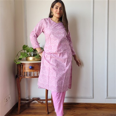 Crimson Floral Cascade Cotton Kurti and Pant Set