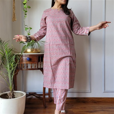 Blush Floral Elegance Cotton A-Line Kurti with Pant