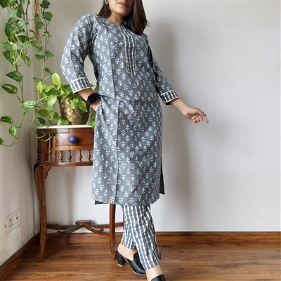 Slate Floral Whisper Hand Block Printed Cotton Kurti with Pant