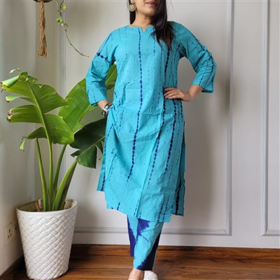 Cyan Geometric Delight Cotton Kurti with Pant