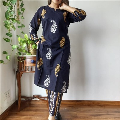 Navy Floral Elegance Hand Block Printed Cotton Kurti with Pant