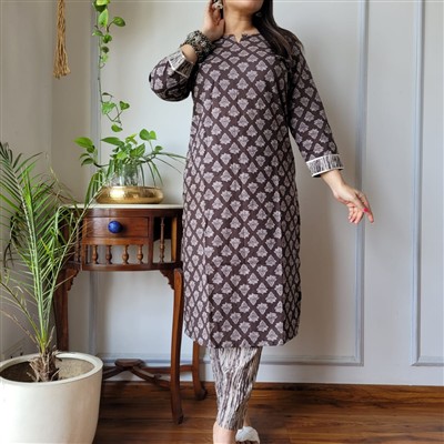 Chocolate Leaf Motif Bagru Cotton A-Line Kurti with Pant