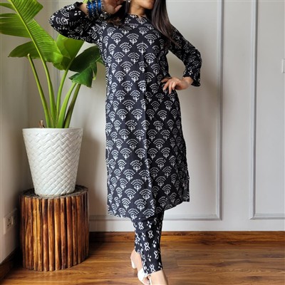 Indigo Leaf Motif Cotton Stitched Kurti Set