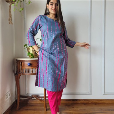 Slate Blue Fuchsia Stripe Cotton A-Line Kurti with Pant