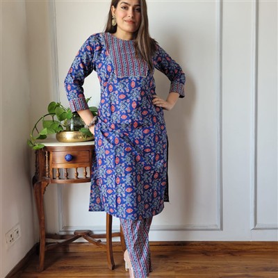 Indigo Floral Delight Cotton Kurti with Pant