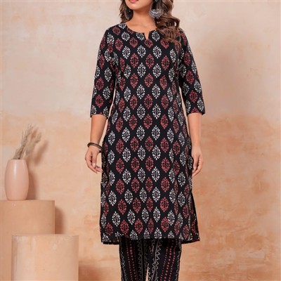 Crimson Floral Diamond Cotton A-Line Kurti with Pant