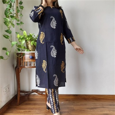 Navy Floral Harmony Cotton A-Line Kurti with Pant
