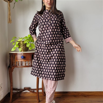 Emerald Bagru Print Cotton A-Line Kurti with Pant