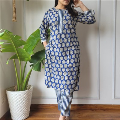 Navy Floral Symmetry Cotton A-Line Suit Set