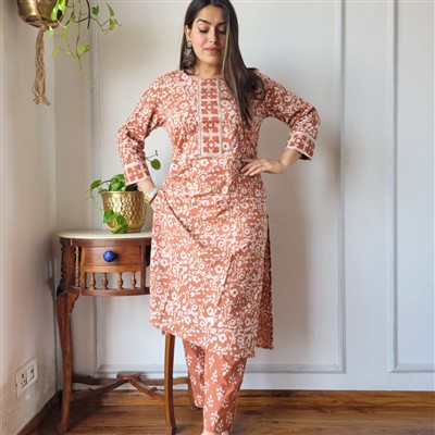Terracotta Floral Elegance Cotton Kurti with Pant