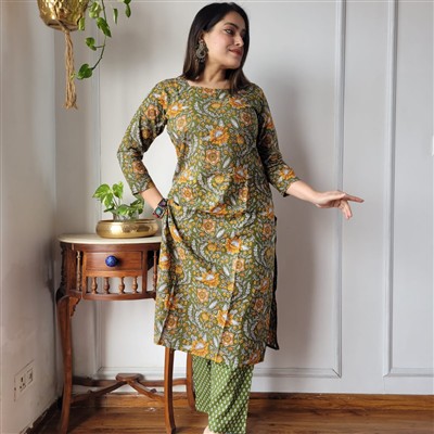 Olive Floral Paisley Cotton Kurti with Polka Pants