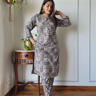 Earthy Geometric Cotton A-Line Kurti with Pant