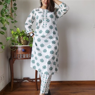 Teal Botanical Elegance Cotton A-Line Kurti with Pant