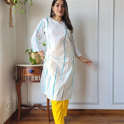 Teal Stripe Cotton A-Line Kurti with Mustard Pants