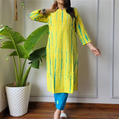 Lemon Tie-Dye Cotton A-Line Kurti with Turquoise Pants