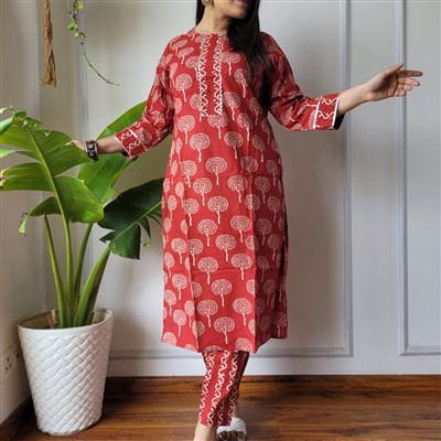 Rustic Terra Cotta Floral Motif Cotton A-Line Ensemble